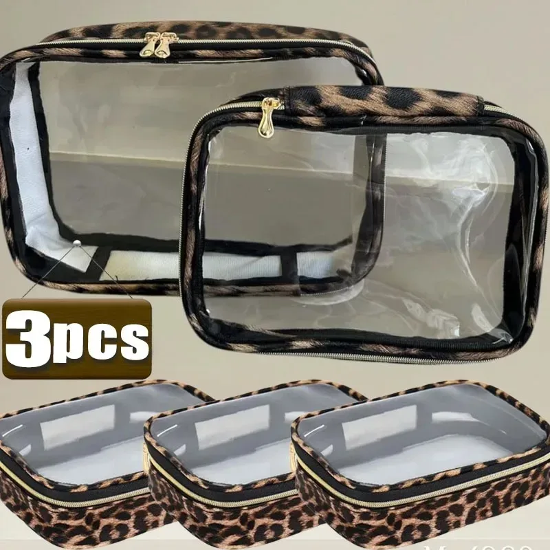 trousse de maquillage léopard imperméable grande capacité, 1/3 pièces, unisexe, transparente, pour voyage, organiseur de cosmétiques, trousse de toilette portable à fermeture éclair
