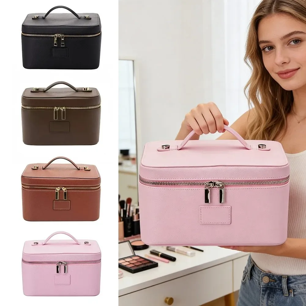 sac de maquillage en cuir pu, grande capacité, trousse de toilette étanche, forme carrée, séparateur amovible, sac de rangement pour appareil photo pour femmes et hommes