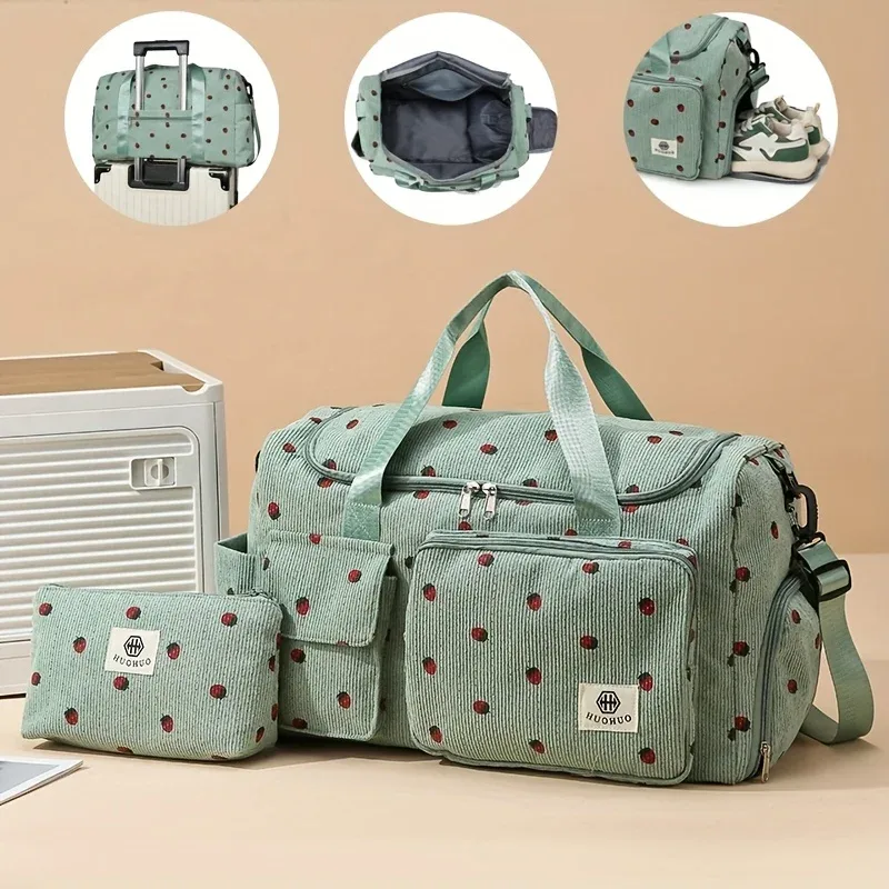 Sac de voyage Strawberry, sac de voyage en velours côtelé de grande capacité, sac bandoulière léger, sac multifonctionnel pour le sport et le fitness
