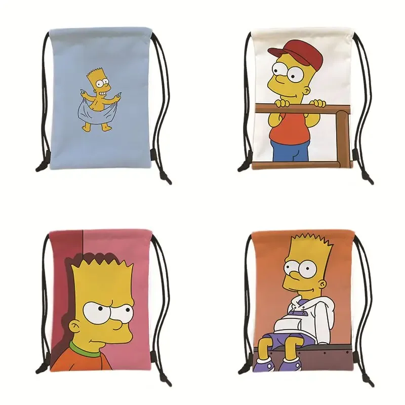 sac à dos de sport à cordon de serrage avec personnage jaune de dessin animé, imprimé garçon sur skateboard, sac de rangement portable pour voyage et shopping