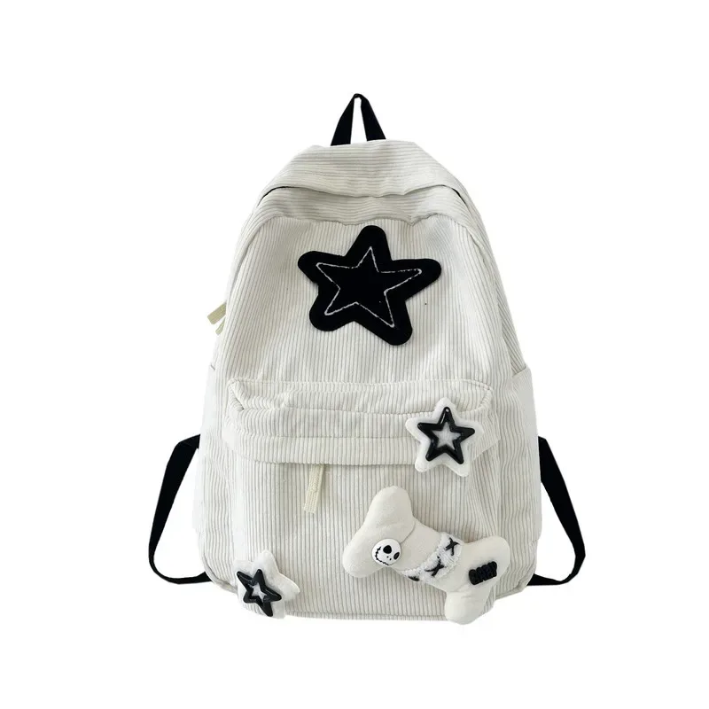 sac à dos coréen y2k harajuku en velours côtelé avec patch étoile noir et blanc, style gothique, poupée tête de mort, mignon, streetwear japonais, pour étudiantes et adolescentes