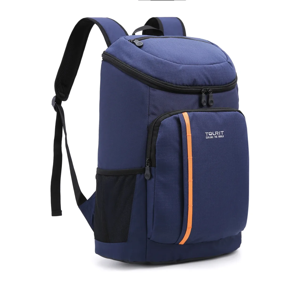 sac dos bleu marine nylon durables poches latérales zip grande ouverture motif diagonal orange bande voyage sport plage randonnée picnic