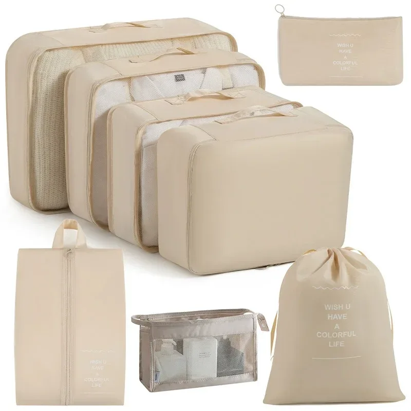 organisateur voyage polyester beige clair compartiments visibilité optimal organisation vêtements chaussures articles toilette sac respirant ventilation séchage rapide set pièces pliable