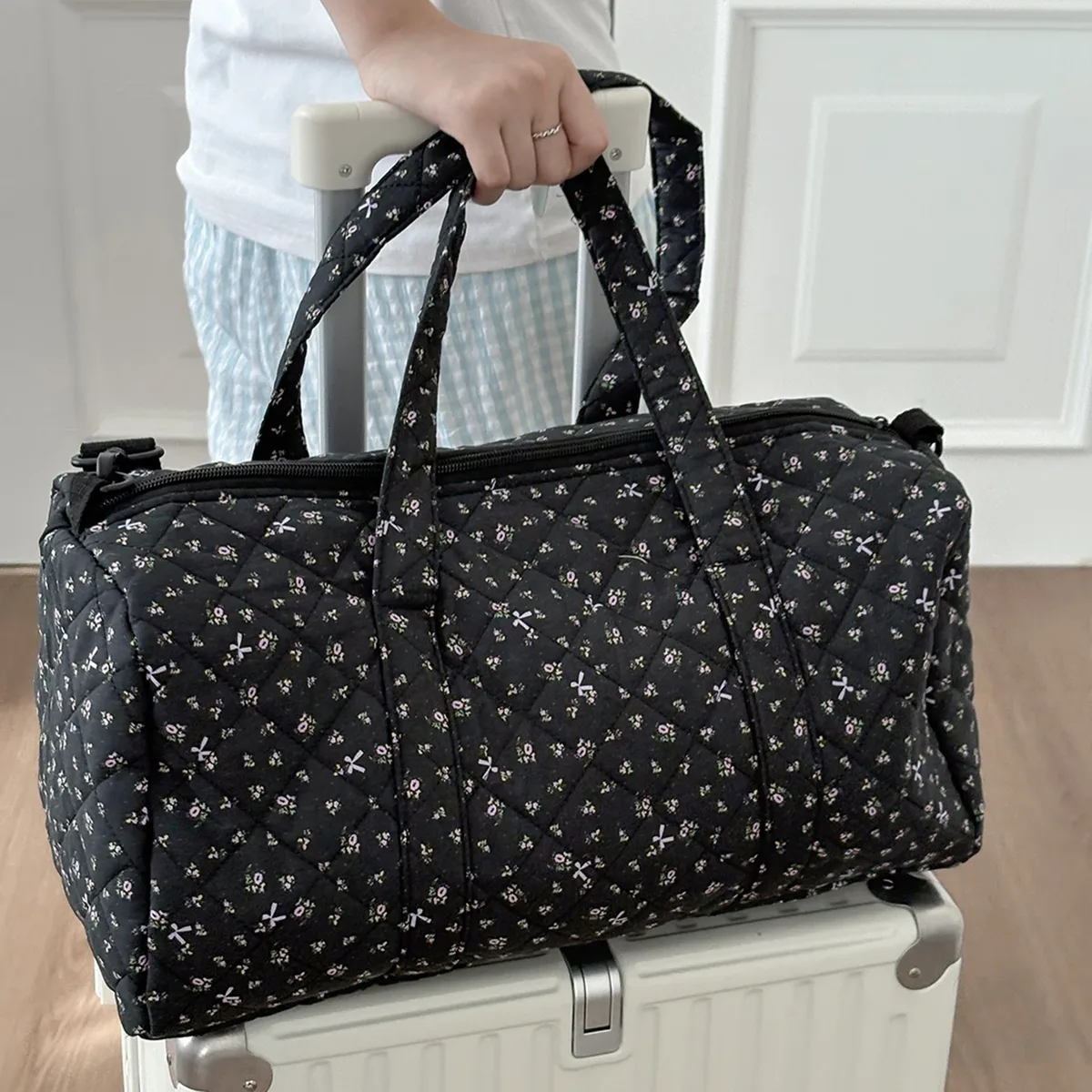 sac de voyage matelassé en coton avec fermeture éclair, sac de sport imprimé floral, sac de nuit pour femmes, voyage de week-end, shopping