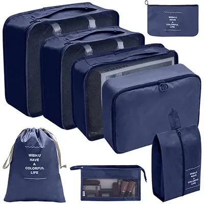 organisateur voyage polyester beige clair tissu imperméable poches maille transparente fermetures glissière poignées intégrées grande taille