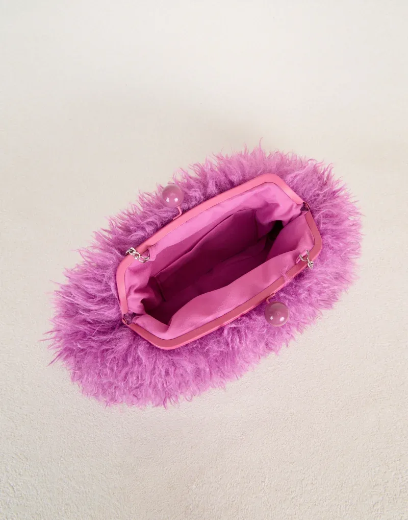 sac à main pochette en fausse fourrure kisslock pour femme, chaud et élégant pour l'hiver, avec fermoir à cadre et chaîne bandoulière, gris foncé, rouge, jaune