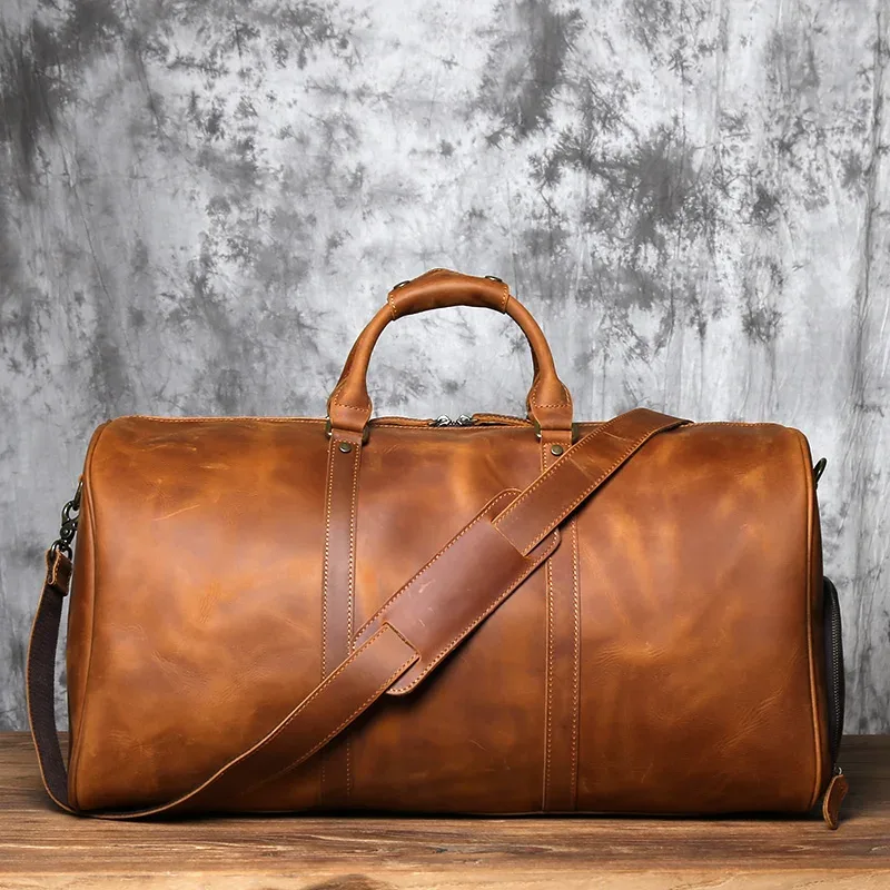 nzpj – sac à main rétro en cuir de cheval fou pour hommes, sac de voyage de grande capacité, sac à bandoulière avec couche supérieure en cuir de vache