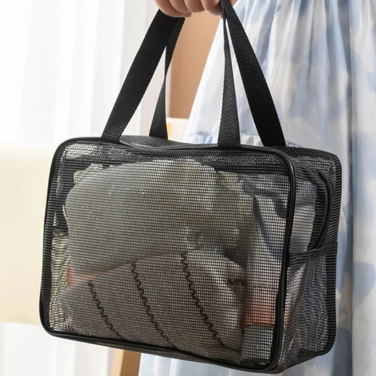 sac de douche en maille, sac de rangement cosmétique, sac de douche multifonctionnel, grande capacité, organisateur de toilette portable