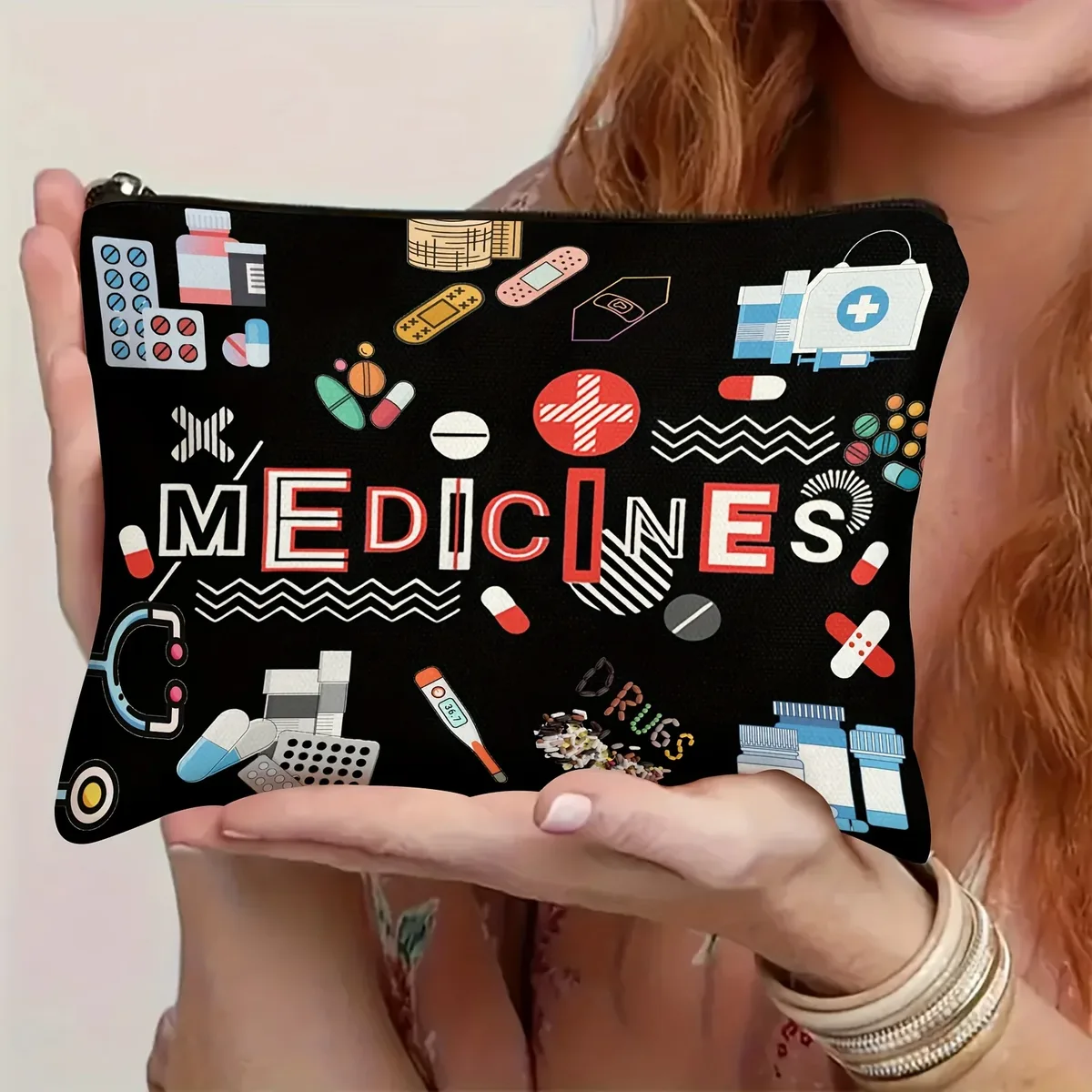 sac organisateur de pilules sur le thème des médicaments – pochette de voyage réutilisable à fermeture éclair pour cosmétiques et essentiels
