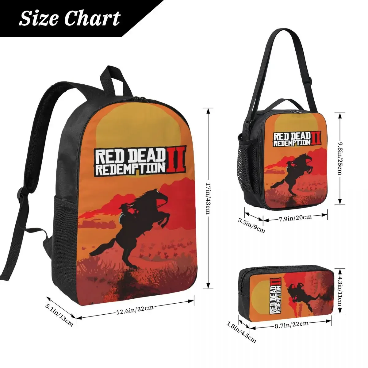 ensemble de sacs à dos imprimés red dead redemptions, 3 pièces, pour filles et garçons, sacs à stylos, ensembles de sacs à livres avec boîte à déjeuner pour écoliers