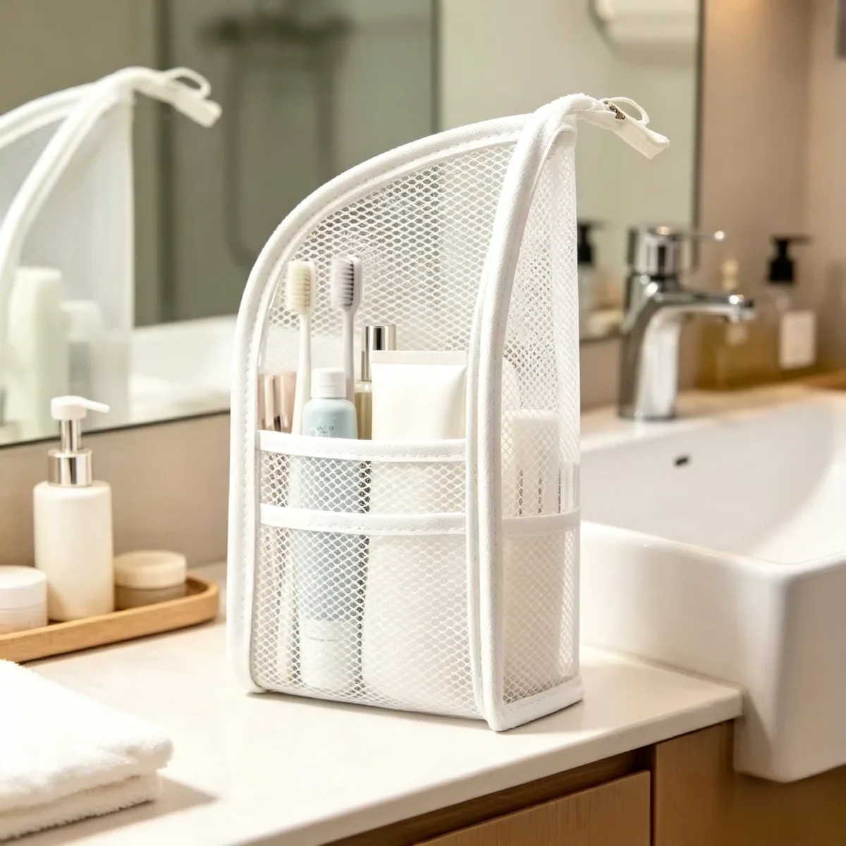 sac de maquillage de voyage pliable avec porte-brosse à dents - organisateur cosmétique imperméable de grande capacité, pochette de rangement en maille suspendue