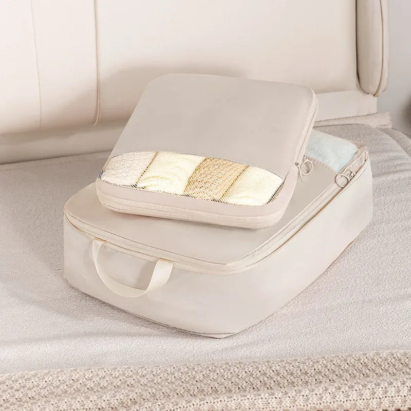 organisateur voyage polyester beige bandes verticales poignées latérales compresseur sac chaussures pochette rangement housse vêtements kaki rose