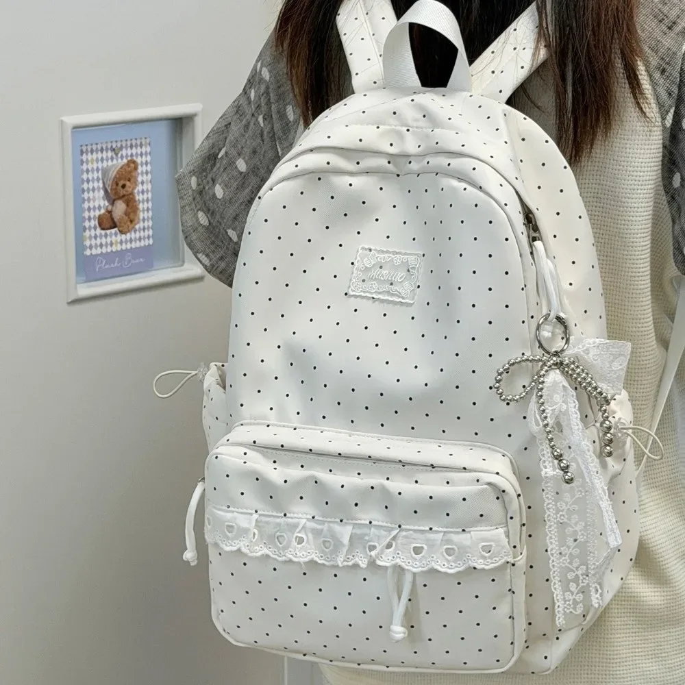sac à dos de voyage à pois tendance avec dentelle en nylon, cartable d'étudiant multi-poches grande capacité pour ordinateur portable
