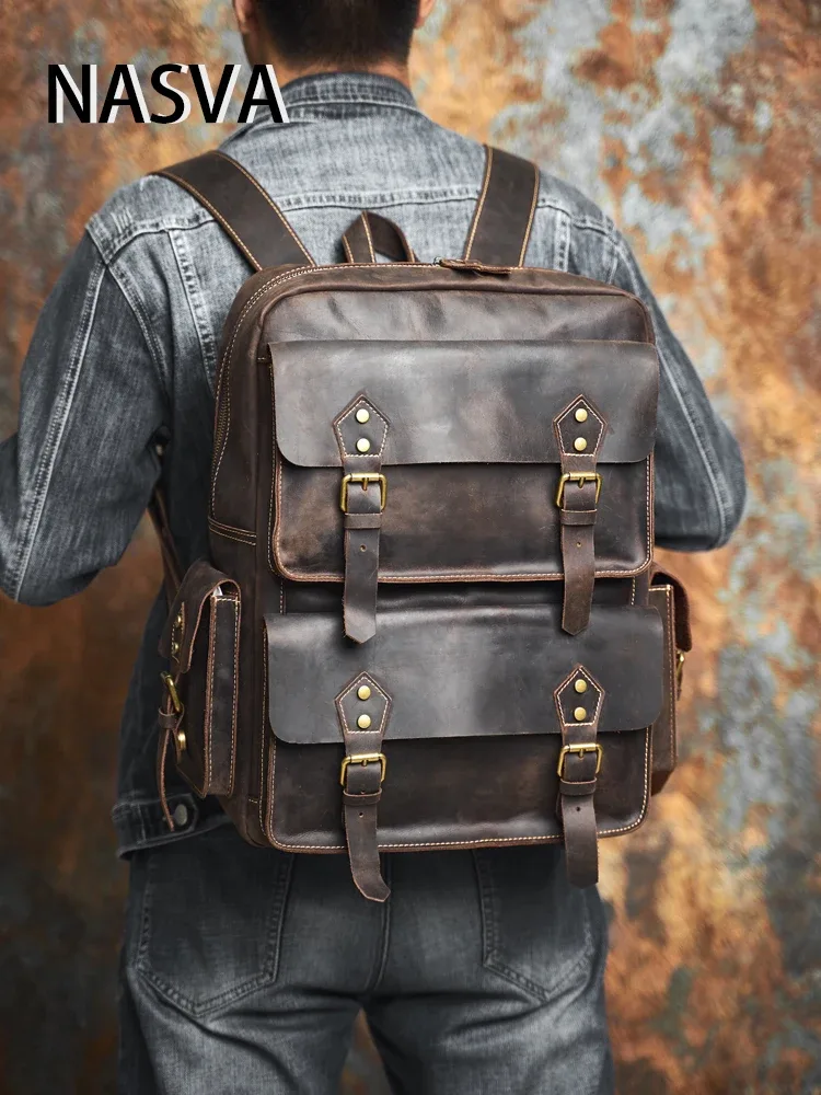 nasva – sac à dos vintage en cuir véritable pour hommes, sac de voyage en plein air pour ordinateur portable, sac d'école de randonnée pour ordinateur portable 15.6 pouces