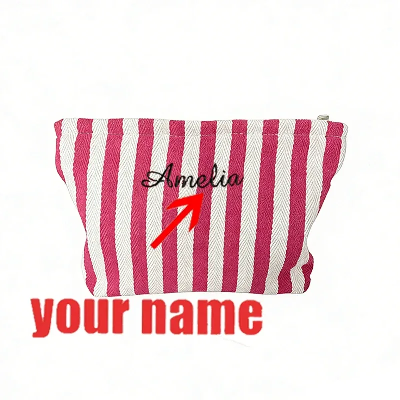 sac de maquillage coloré brodé personnalisé avec monogramme pour femme, pochette de toilette rayée pastel, cadeau evjf pour la douche nuptiale