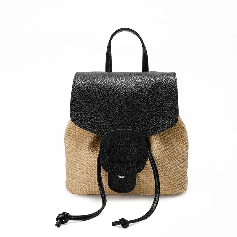 sac à dos en paille et en cuir synthétique pour femmes et adolescentes, sac à bandoulière, sac à cordon, sac de voyage pour femmes, sac à dos de grande capacité.
