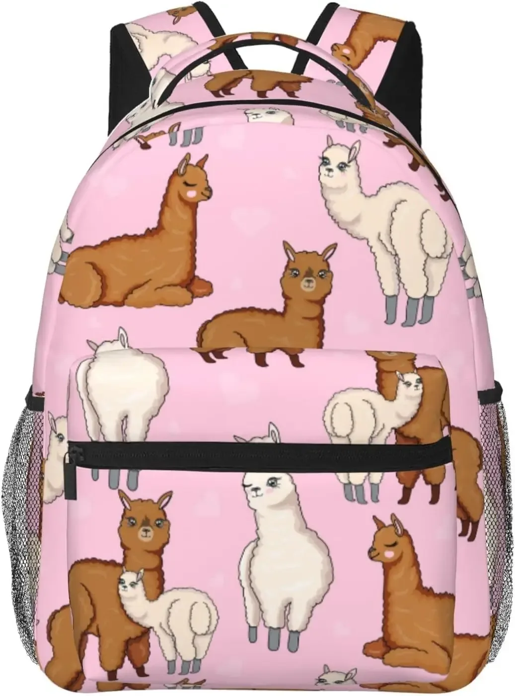 sac dos polyester noir motif lamas fruits vert pastel format rectangulaire sangle chaîne fermeture éclair poche intérieure zippée usage voyage école université