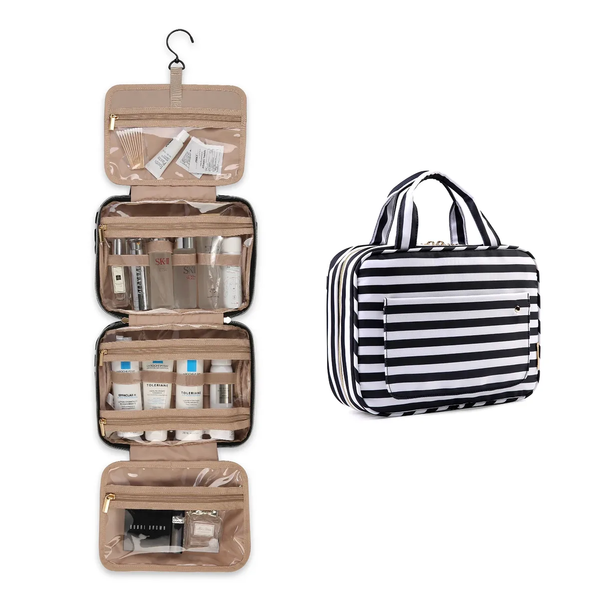 trousse toilette pvc compartiments transparents noire motif géométrique relief voyage cosmétiques maquillage rangement affaires week-end