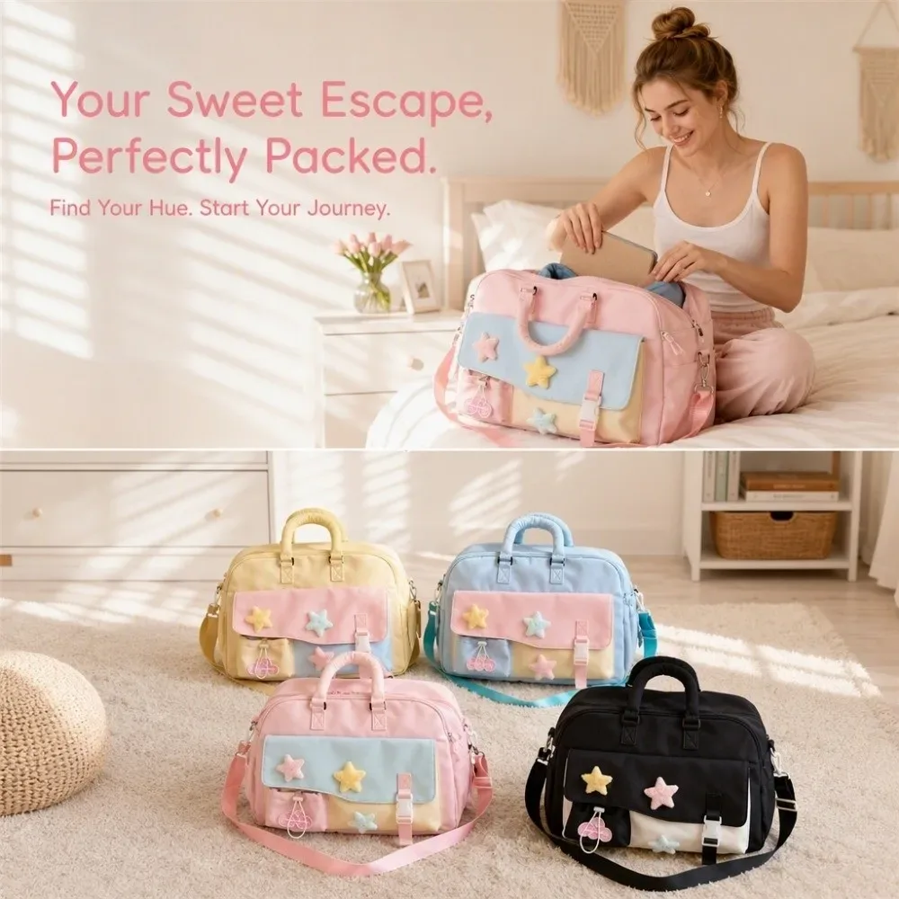sac de voyage de grande capacité, couleur macaron, sac de sport à plusieurs poches, sac à bandoulière en polyester, sac portable pour les courts séjours.