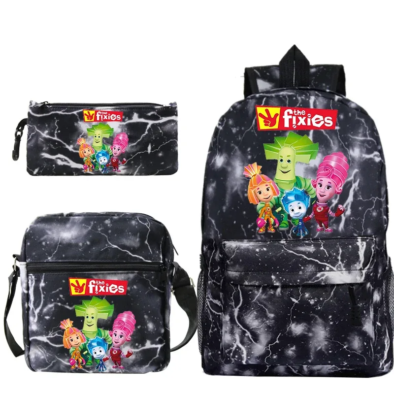 sac dos toile polyester imprimé personnages colorés the fixies unisexe décontracté compartiment intérieur bandoulière arquée fermeture éclair bleu noir gris voyage enfant