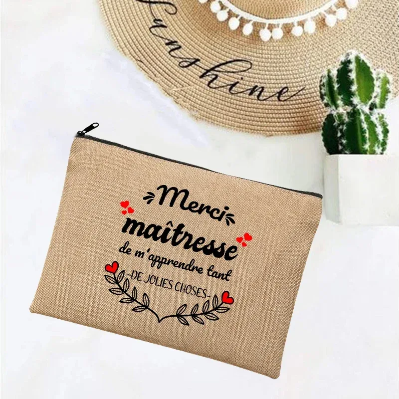 cadeau maitresse école cadeau maitresse trousse de maquillage sacs de maquillage en lin merci professeur impression française simple bracelet pochette plage papeterie stockage voyage organisateur étui cadeaux