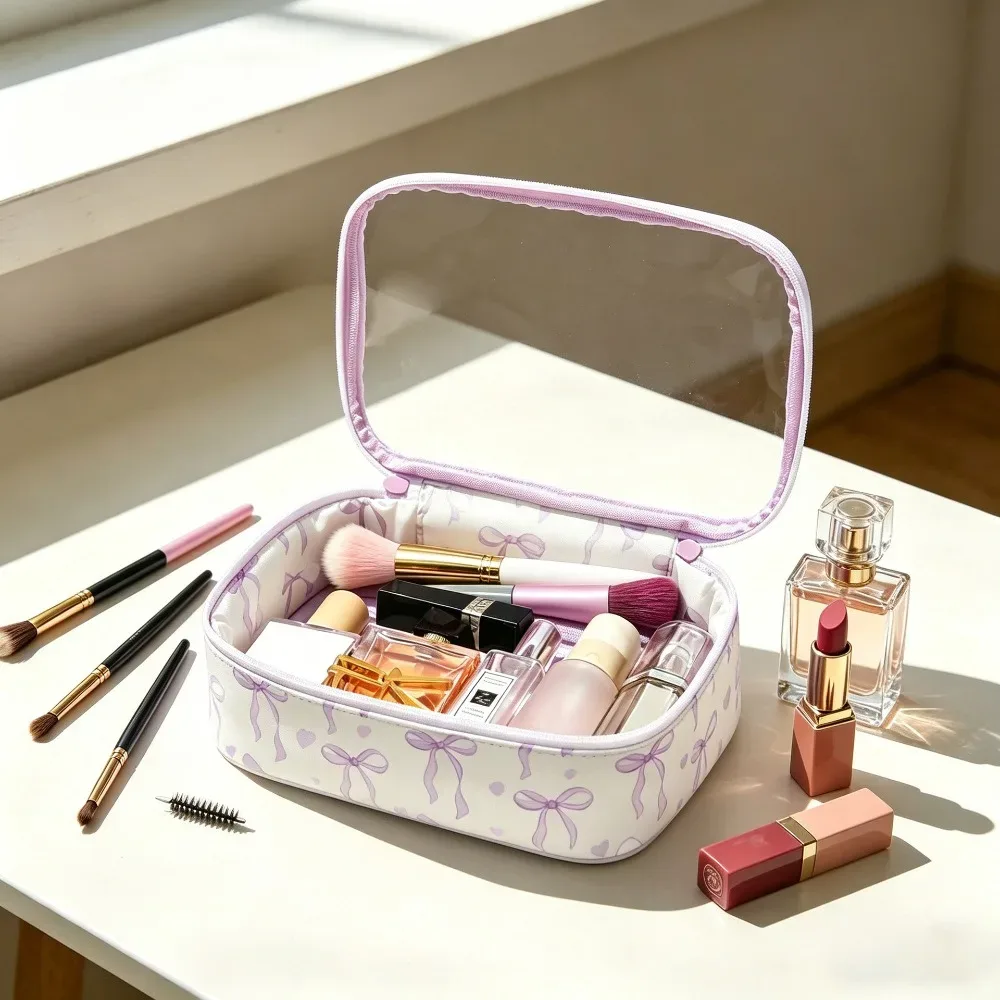 sac de maquillage polyvalent en pvc transparent avec fermeture éclair, sac à cosmétiques imprimé nœud, trousse de toilette de grande capacité pour femmes et filles