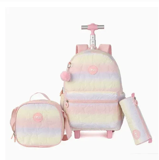 sac à roulettes scolaire pour fille, sacs à roulettes pour l'école, ensemble de sacs à dos à roulettes pour fille, sac à dos à roulettes avec sac à lunch