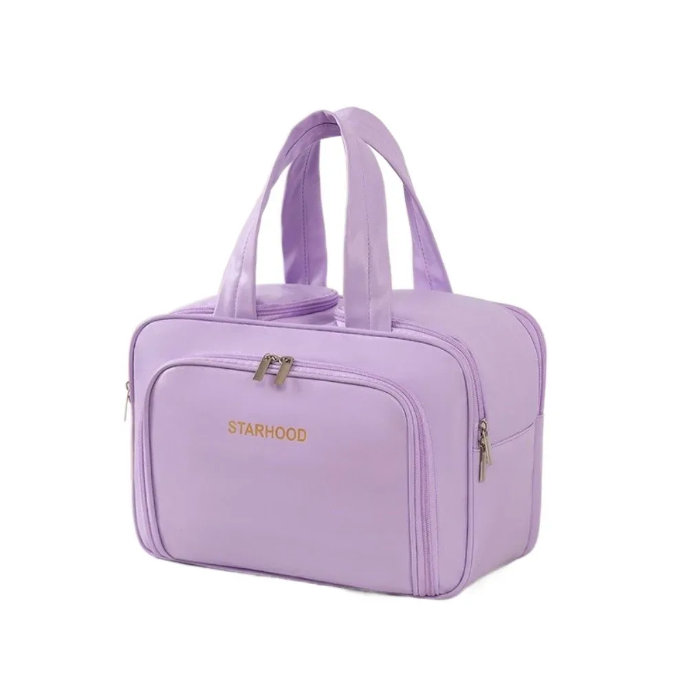 trousse de toilette de voyage de grande capacité, organisateur de maquillage léger en pu, plusieurs compartiments, poignée, mallette de rangement de voyage, salle de bain