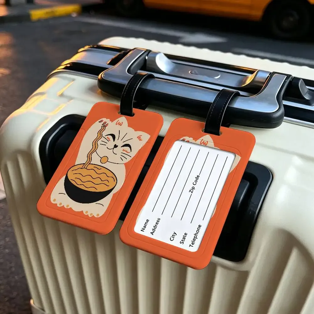 chat japonais mangeant des nouilles, étui pour carte d'information en toile imperméable, étiquette de bagage en pvc, identifiant anti-perte pour valise et sac à main