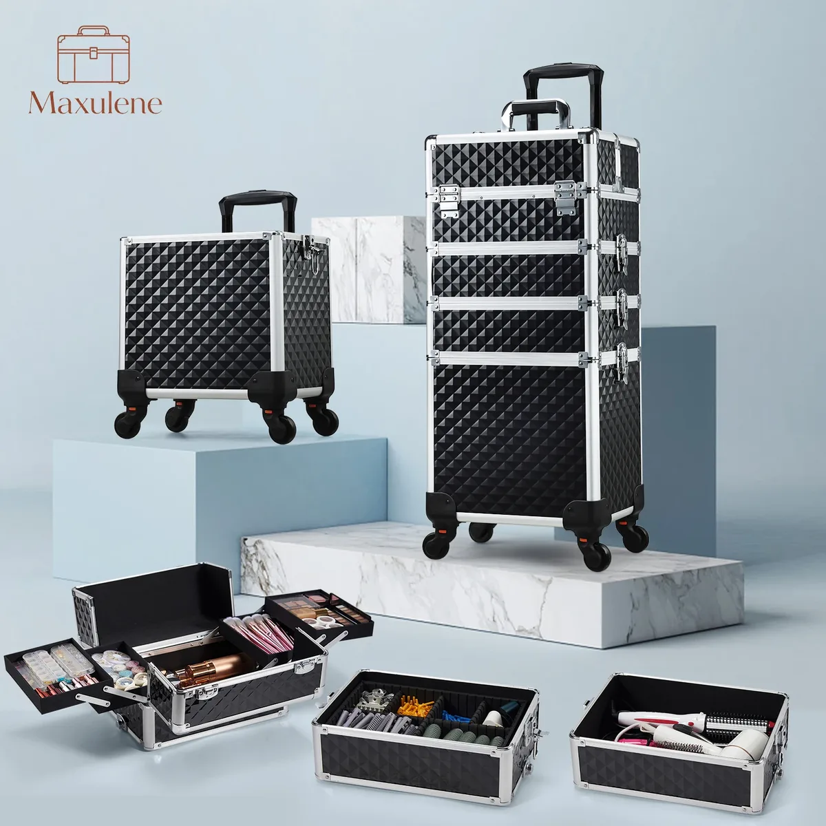 valise de maquillage professionnelle sur roulettes 4 en 1, cadre en aluminium, valise rigide pour cosmétologie sur roulettes, valise de voyage à roulettes avec clés, grande capacité, valise à roulettes avec 4 plateaux, valise de voyage pour tatouage, organisateur de cosmétiques et de vernis à ongles, boîte de rangement noire.