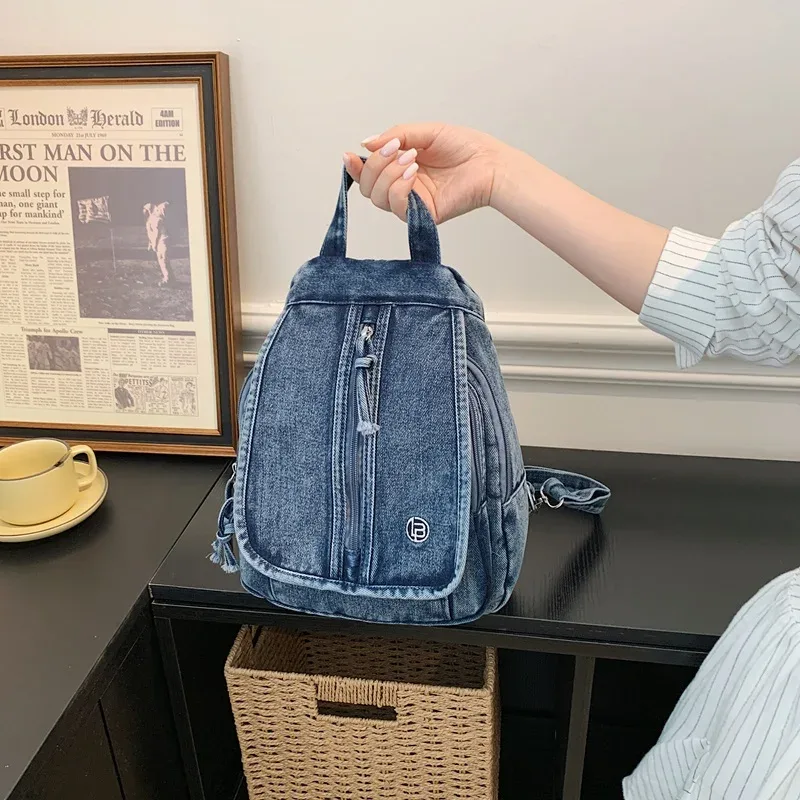 sac à dos en jean tendance pour femme, sac d'école décontracté, sac de voyage rétro délavé, sac à dos léger, sac à bandoulière pour usage quotidien