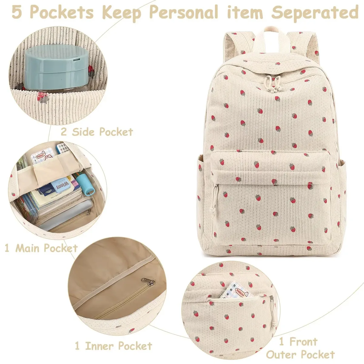 sac dos velours côtelé fleurs beige petit sac pochette poignées doublées poches principales avant usage voyage école