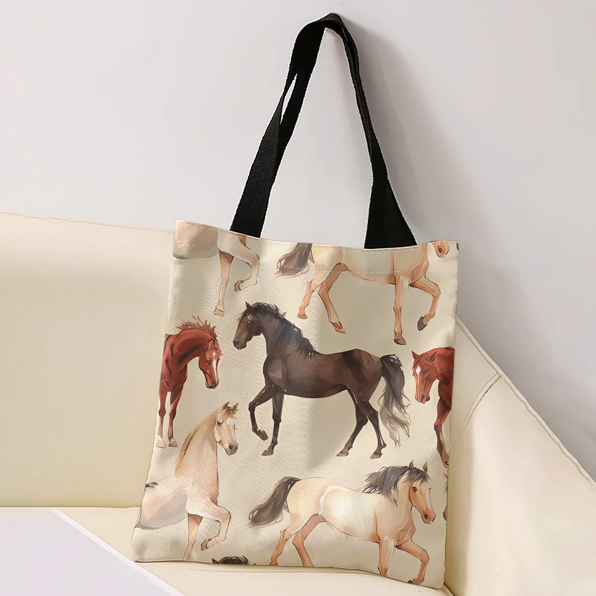 sac fourre-tout avec imprimé de troupe de chevaux multicolores en aquarelle, sac à bandoulière de grande capacité pour le shopping, les voyages et l'usage quotidien