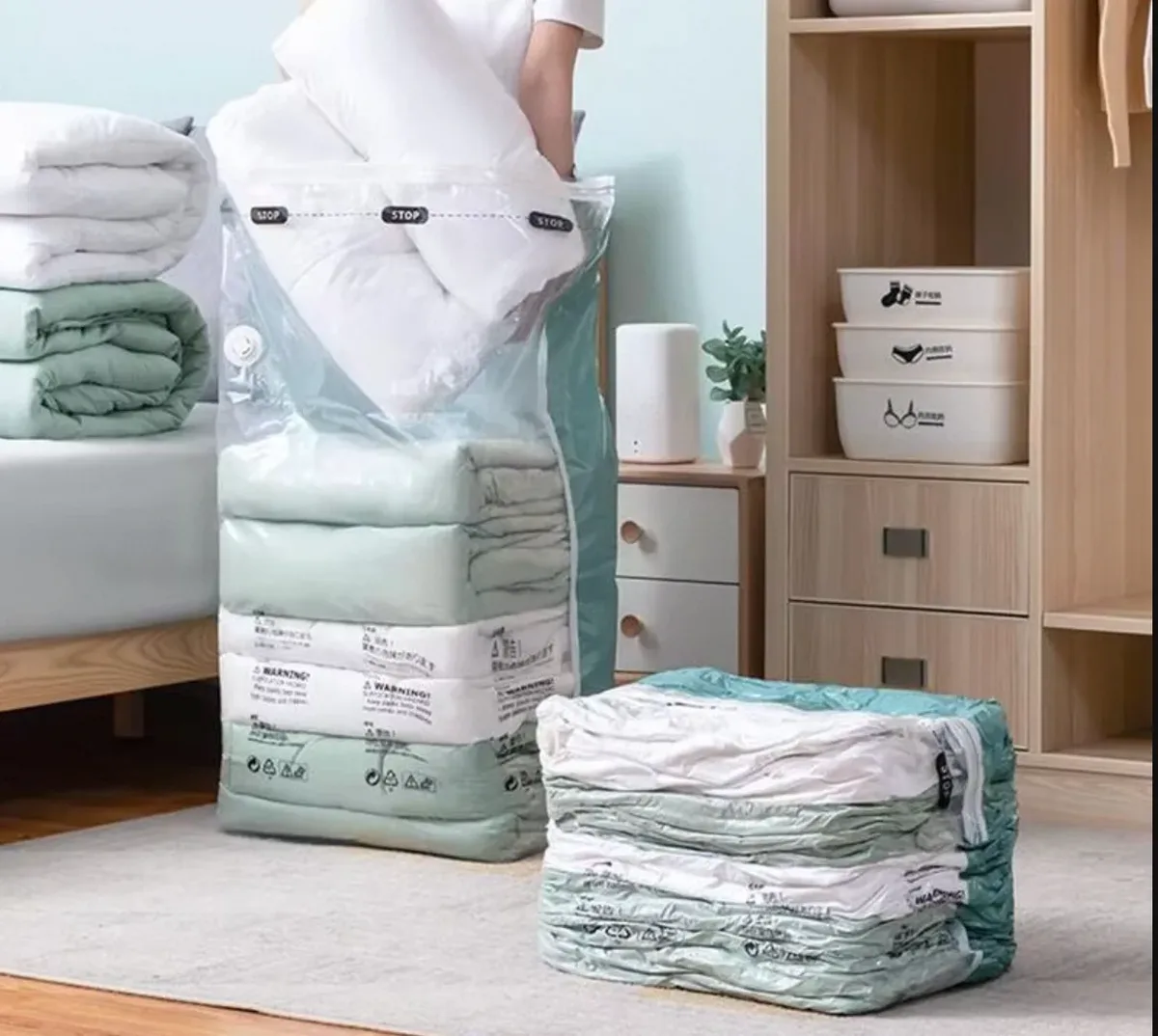 Sacs sous vide sans pompe, grands sacs de rangement en plastique pour vêtements, couvertures, sacs de compression, housses de sacs vides, accessoires de voyage