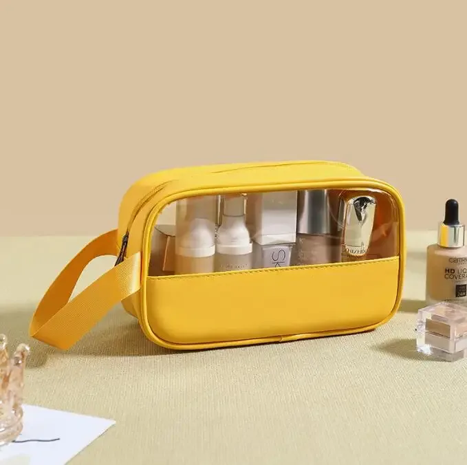 sac à cosmétiques personnalisé avec coutures brodées, sac de bain translucide en pvc de grande capacité, sac de rangement de voyage portable étanche en pu