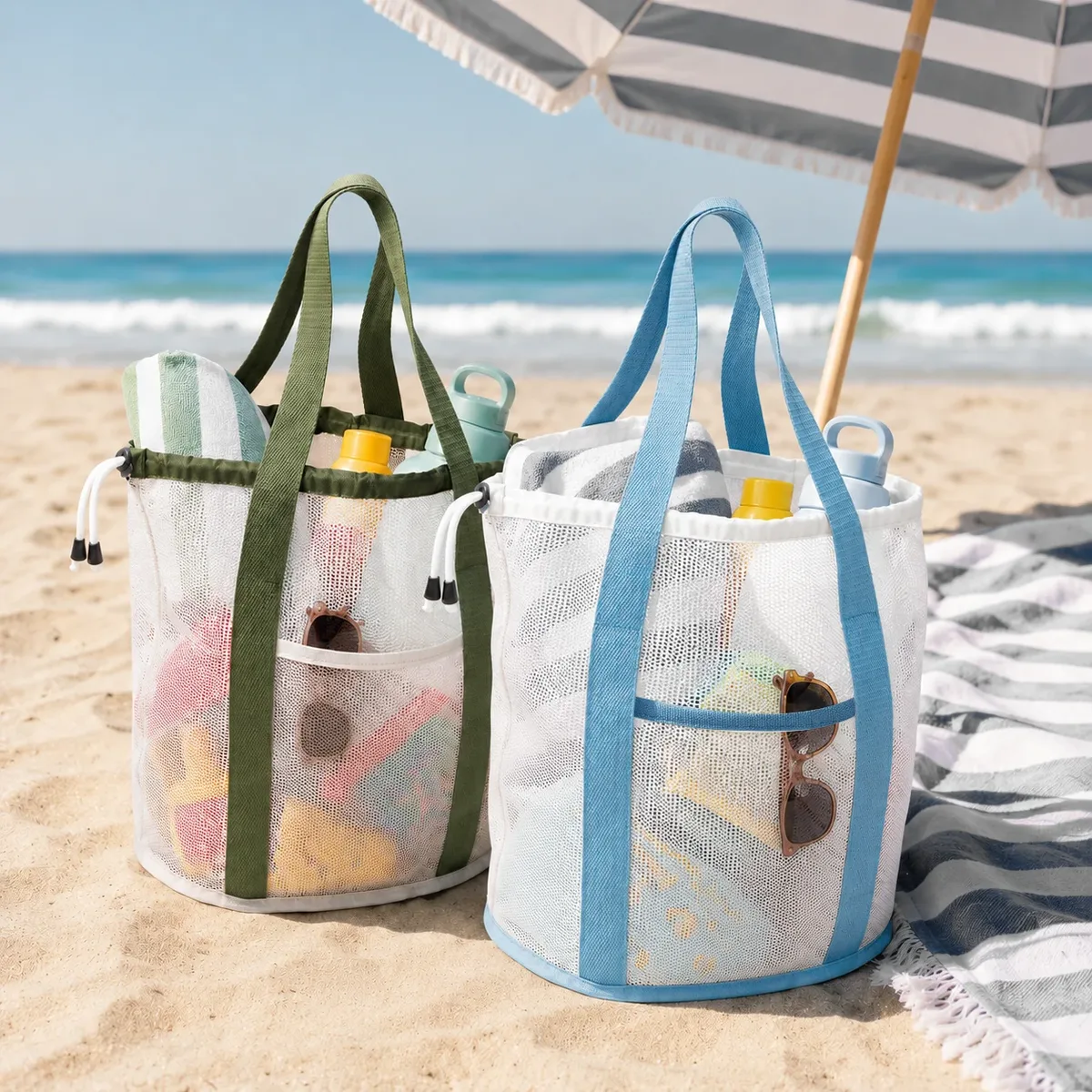 sac de toilette, sac de plage en filet, sac de rangement en filet grande capacité pour la douche en été, sac de rangement portable en filet pour la douche
