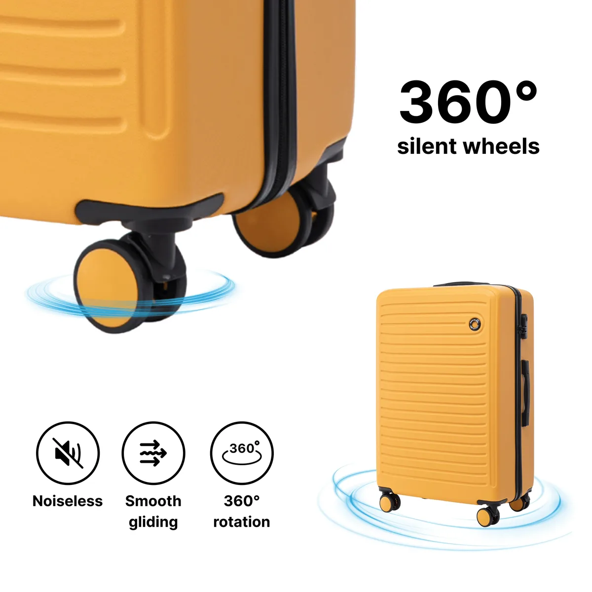 ensemble de 3 valises durables en abs + coot (28 "/24"/20 ")  roues 360 verrouillage cryptographique |   cabine de voyage, grande et moyenne |   dimensions environ 75x50x30 cm/64.5x44x26.5 cm/55x40x20 cm |   couleurs : champagne, jaune, noir, bleu marine