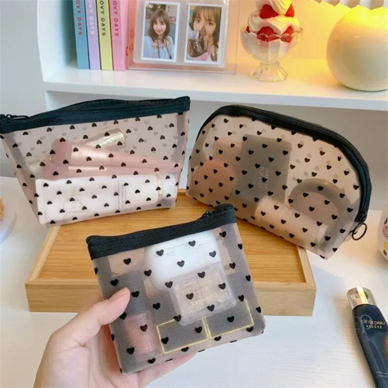 sacs de rangement en maille transparente en forme de cœur pour femmes, sac à cosmétiques nécessaire, organisateur de voyage, petits et grands sacs de toilette noirs, pochette de maquillage