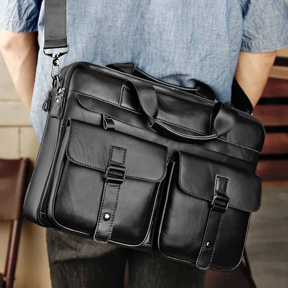 sacoche porte-documents cuir vache polyester noir poignée souple fermeture éclair design décontracté voyage business documents transport