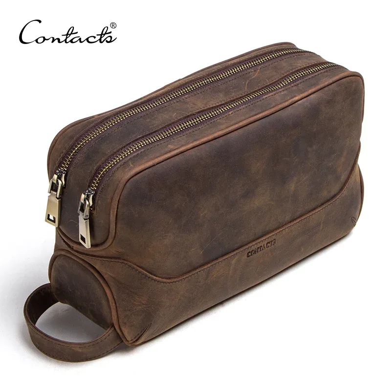 contact's-trousse de toilette en cuir véritable pour homme, trousses de toilette vintage, trousses de maquillage, sac de voyage, crazy horse