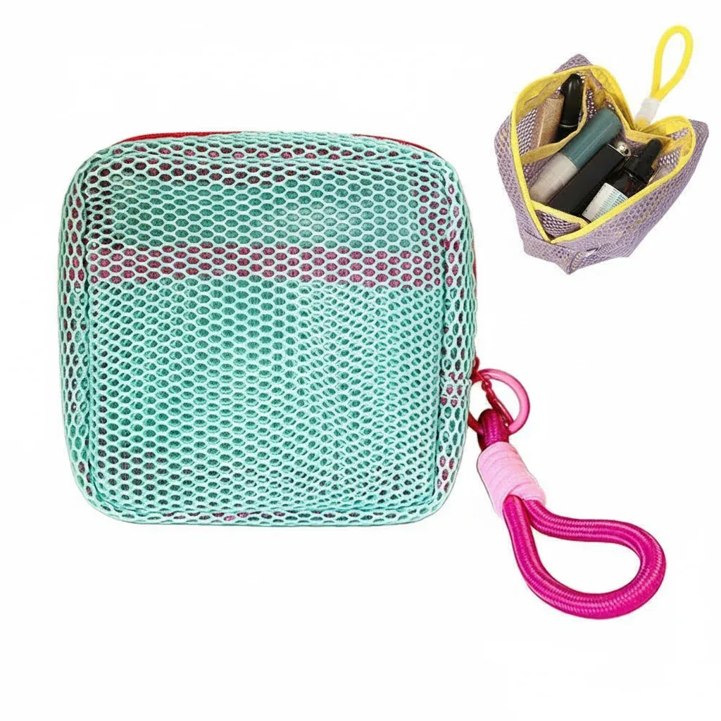 mini pochette en maille dopamine, étui carré coloré pour écouteurs, trousse à cosmétiques portable pour rouge à lèvres, organiseur de rangement respirant pour articles de toilette