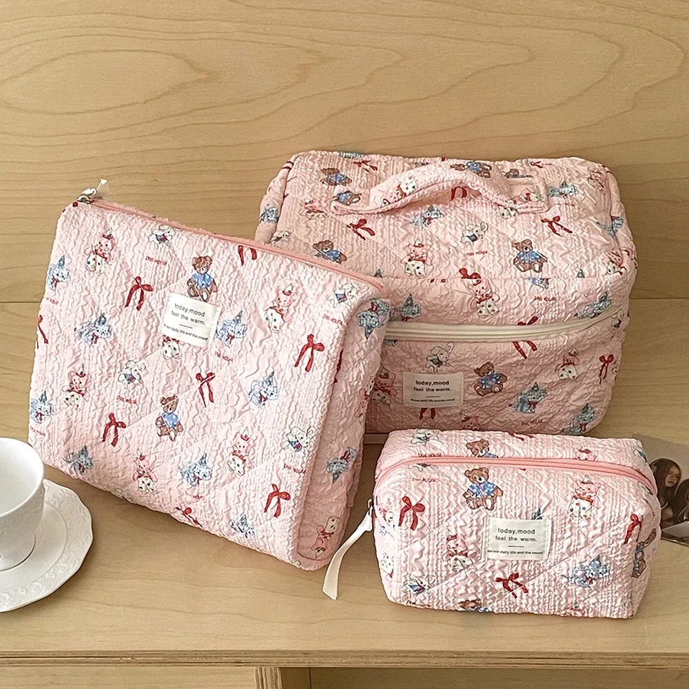 sac de maquillage rose mignon pour filles, fourre-tout portable, pochette cosmétique, sac à main de personnalité pour dames, sac de maquillage matelassé à fermeture éclair