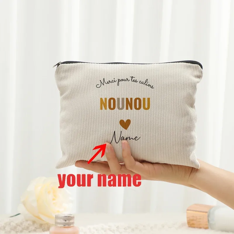sac de maquillage personnalisé avec nom, lettres fleuries, motifs nounou, pochettes de toilette de voyage, nounou mère femmes, cadeau de remerciement de noël