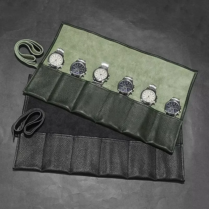 sac de rangement de montre en cuir de vache avec nom personnalisé gratuit, sac de montre enroulable à 6 fentes, pochette de rangement de montre intelligente portable d'affichage de voyage