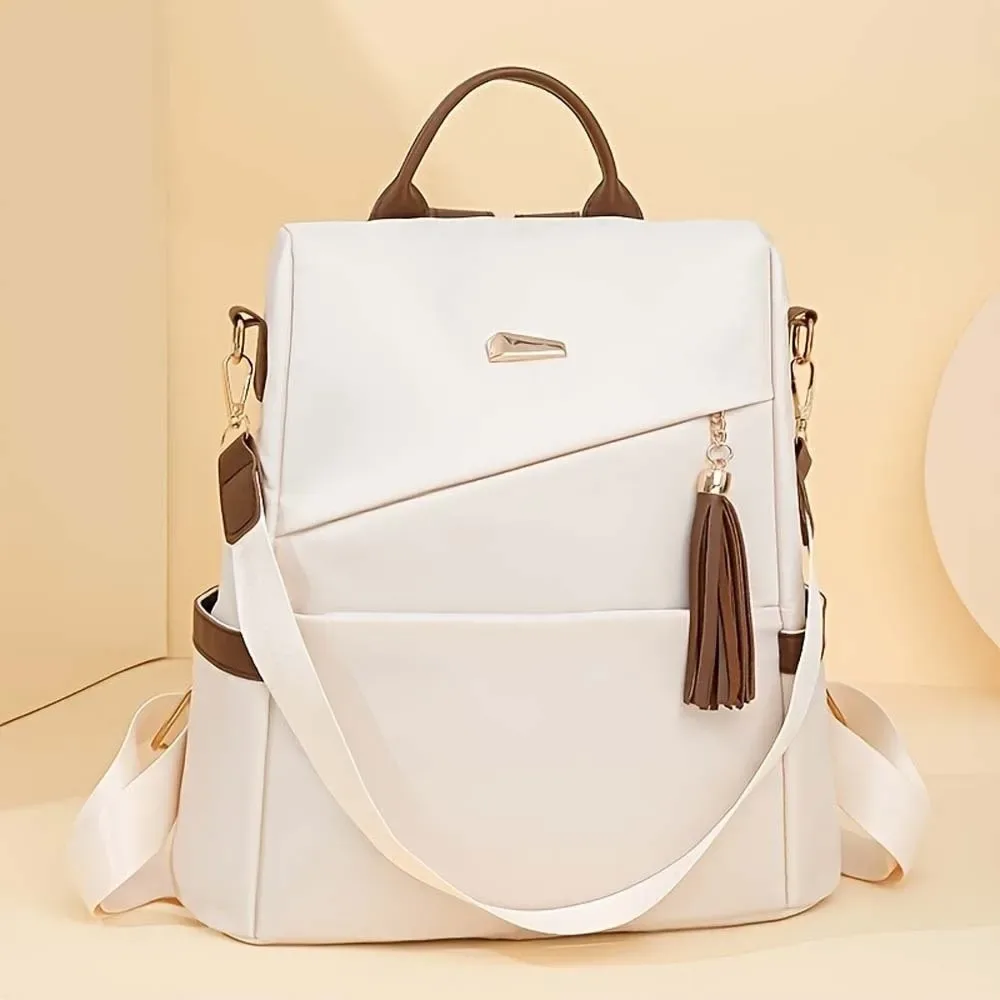 sac à dos en nylon de grande capacité pour femmes, sac à dos imperméable de couleur unie, doux au toucher, multi-poches, avec pompon décoratif, sac à dos antivol