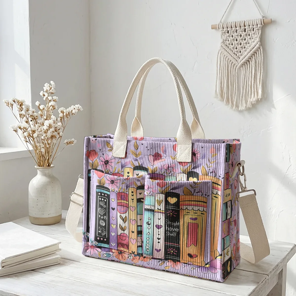 sac fourre-tout en velours côtelé imprimé livres et fleurs colorés, grande capacité, multi-poches, sac à bandoulière pour les trajets quotidiens