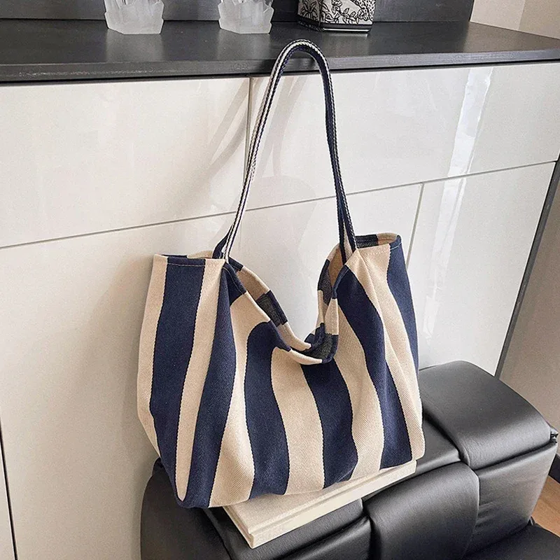 grande capacité style coréen rayure toile sac fourre-tout femme décontracté simple sacs à bandoulière shopping sac à main quotidien fourre-tout sac