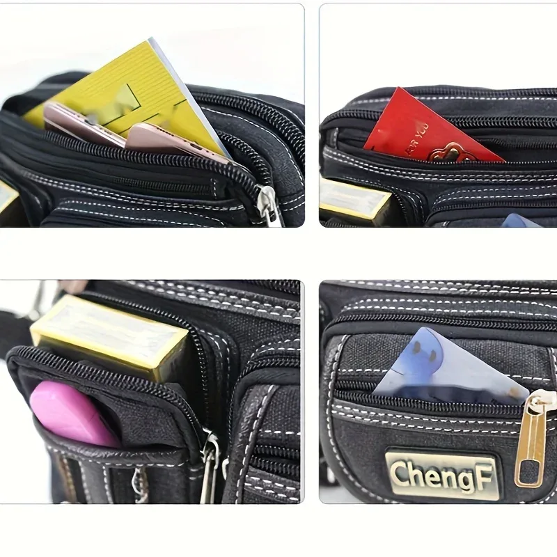 sac de taille multicouche à fermeture éclair à la mode, sac banane de poitrine rétro basique en toile, sac à bandoulière de sport pour hommes, poche pour téléphone de course
