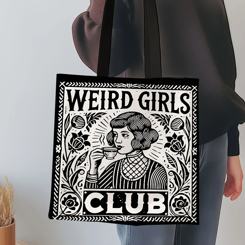 sac fourre-tout weird girls club, design floral noir et blanc élégant, sac à bandoulière pour usage quotidien décontracté, cadeau de noël idéal pour les meilleures amies.