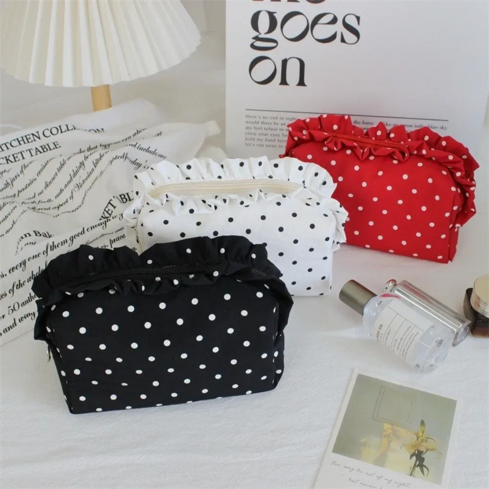 sac à cosmétiques à pois, pochette de maquillage portable avec bord à volants, design minimaliste, organisateur de soins de la peau multi-usage pour étudiants
